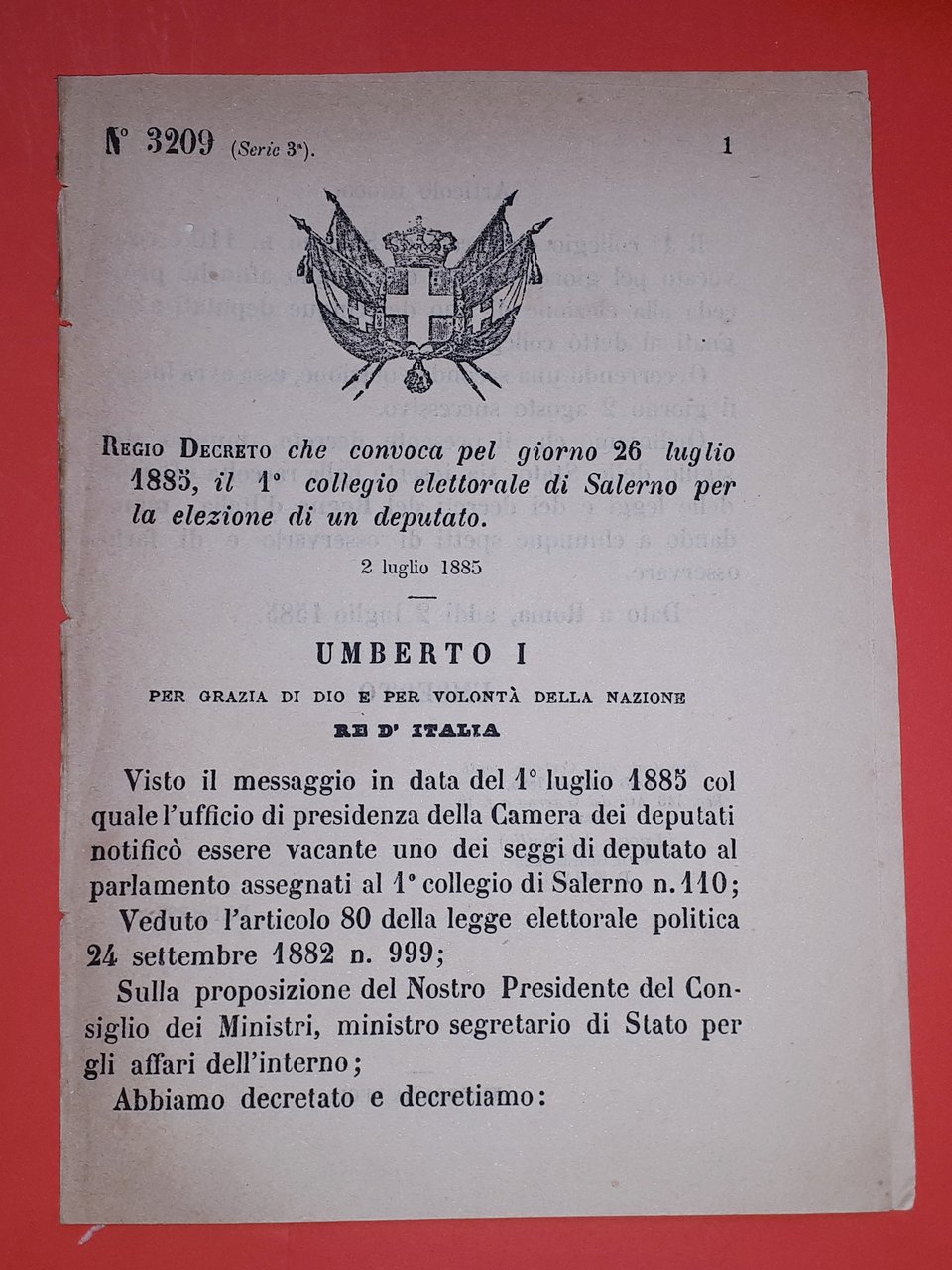 Decreto Regno Italia Convocazione 1° collegio di Salerno elezione deputato …