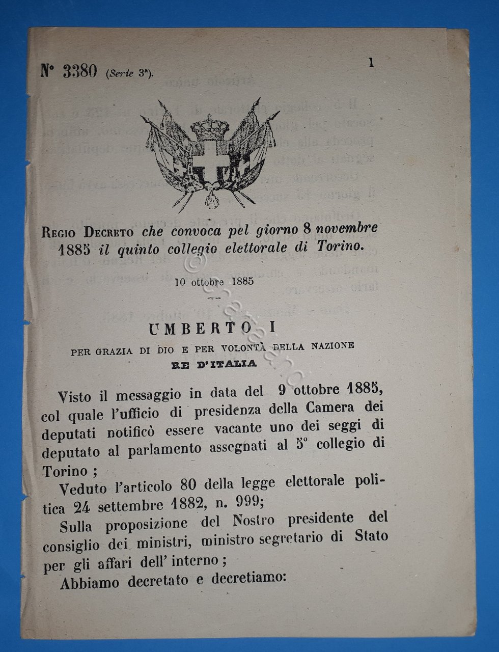 Decreto Regno Italia Convocazione 8 novembre 1885 il quinto collegio …