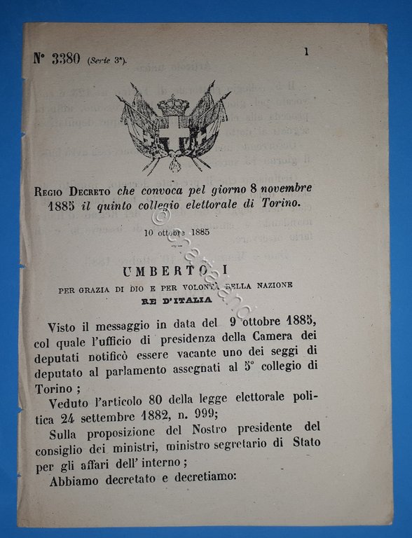 Decreto Regno Italia Convocazione 8 novembre 1885 il quinto collegio …