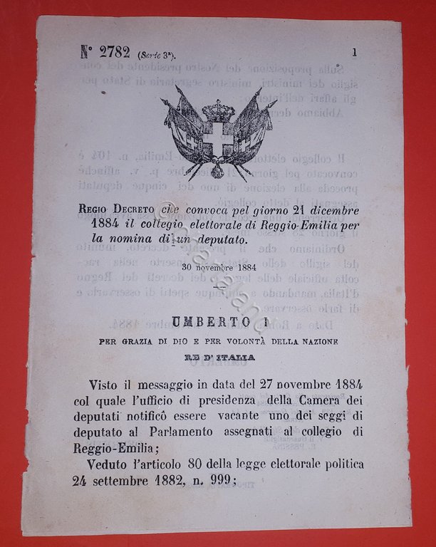 Decreto Regno Italia Convocazione collegio Reggio Emilia nomina deputato - 1884