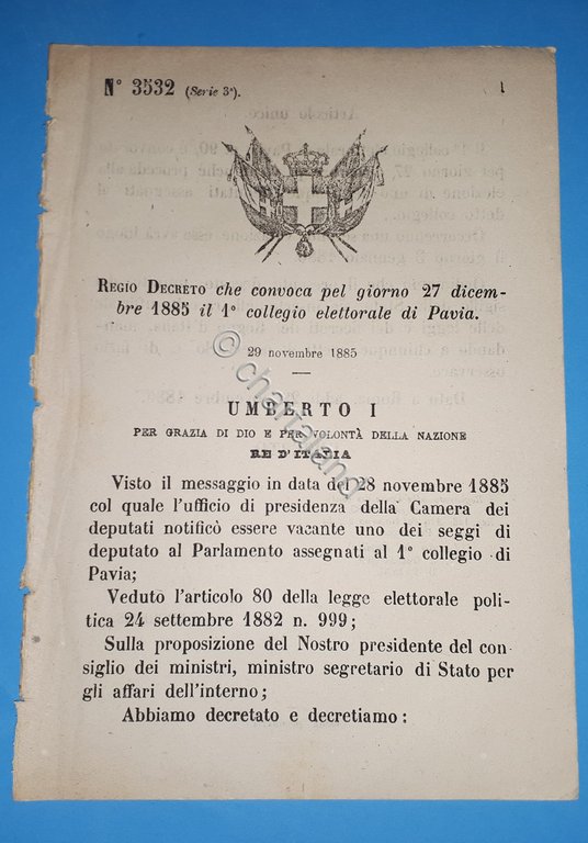 Decreto Regno Italia Convocazione pel 27 dicembre 1885 il collegio …