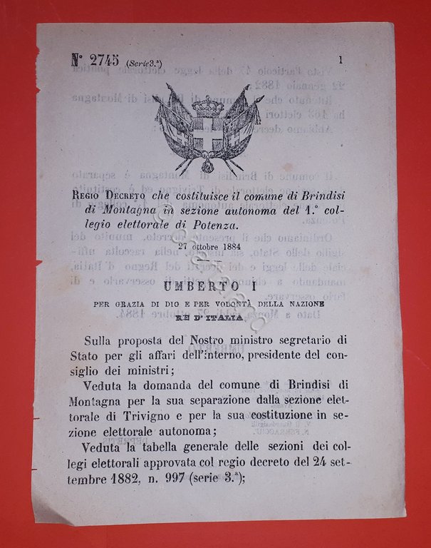 Decreto Regno Italia Costituzione Brindisi di Montagna in sezione Potenza - 1884