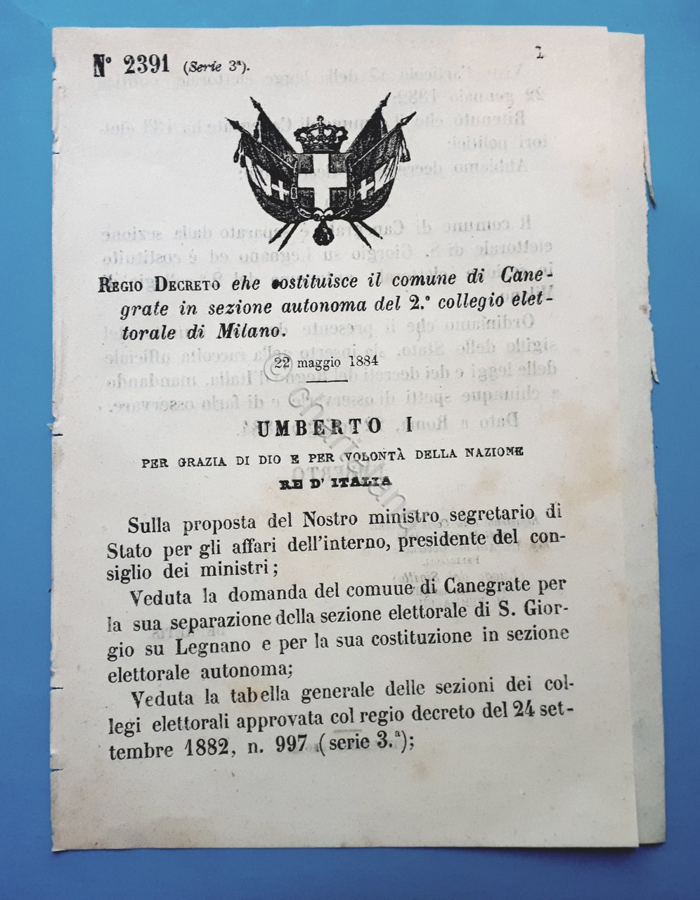 Decreto Regno Italia Costituzione comune di Canegrate in sezione di …