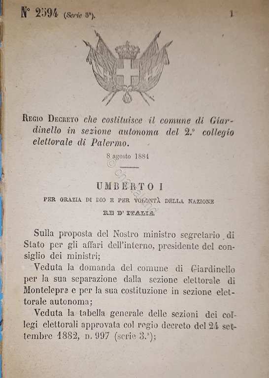 Decreto Regno Italia Costituzione comune di Giardinello in sezione Palermo 1884