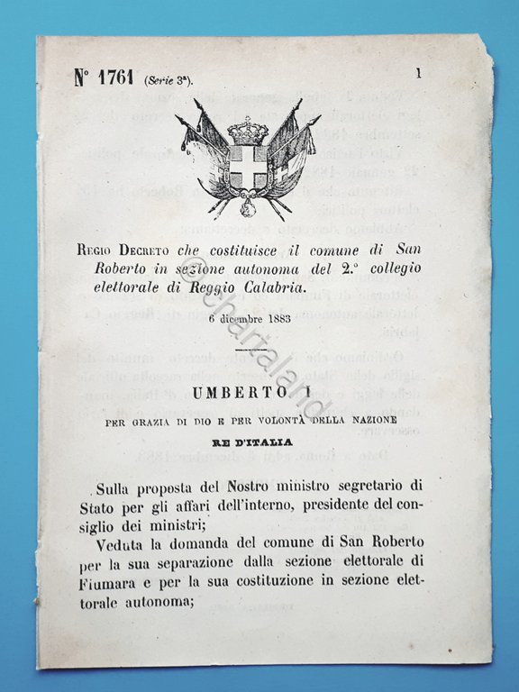 Decreto Regno Italia Costituzione comune di San Roberto in Reggio Calabria 1883