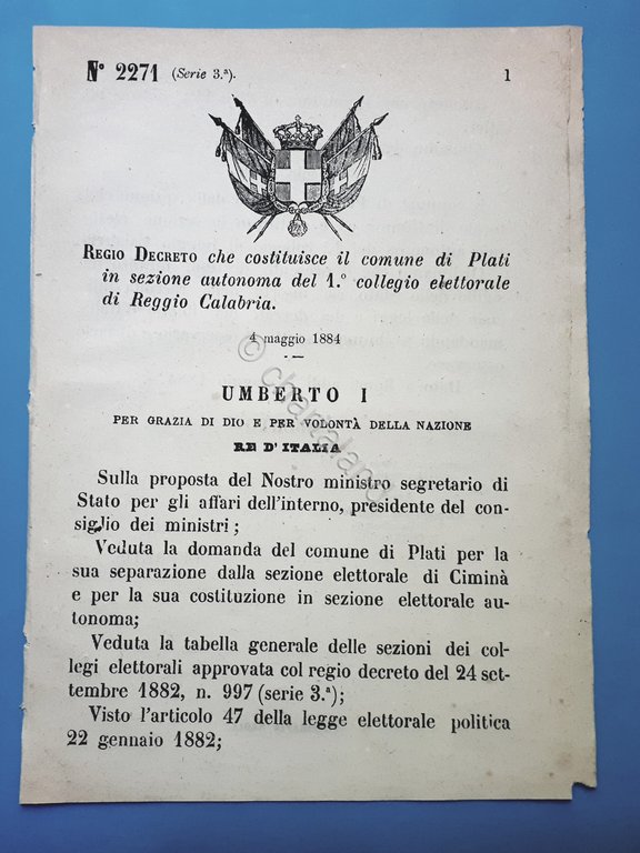 Decreto Regno Italia Costituzione comune Plati in sezione Reggio Calabria 1884 
