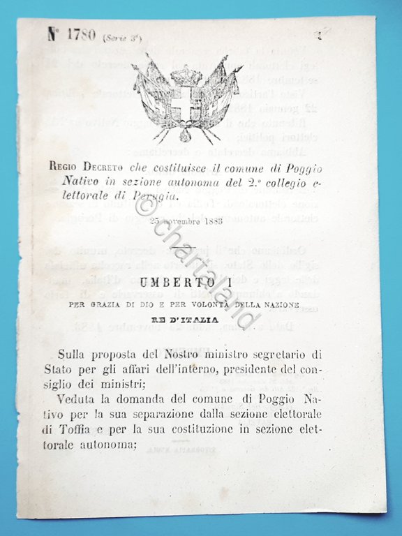 Decreto Regno Italia Costituzione comune Poggio Nativo in sezione Perugia 1883 