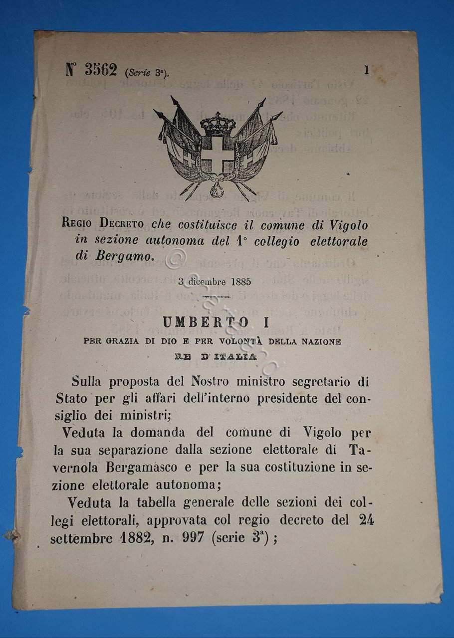 Decreto Regno Italia Costituzione il comune di Vigolo in sezione …