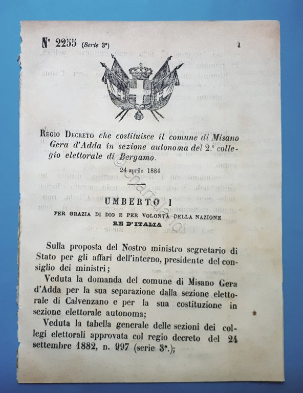 Decreto Regno Italia Costituzione Misano Gera d'Adda in sezione di Bergamo 1884 