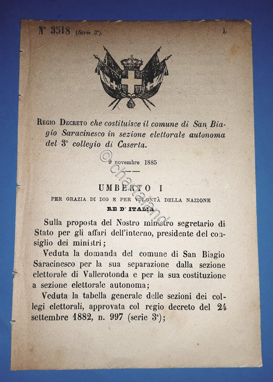 Decreto Regno Italia Costituzione San Biagio Saracinesco in sezione Caserta …
