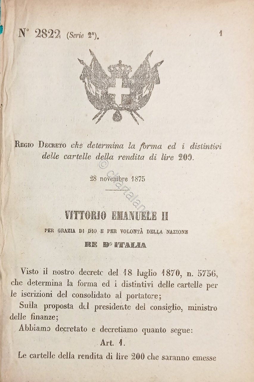 Decreto Regno Italia Determina forma e distintivi cartello rendita lire …