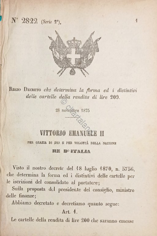 Decreto Regno Italia Determina forma e distintivi cartello rendita lire …