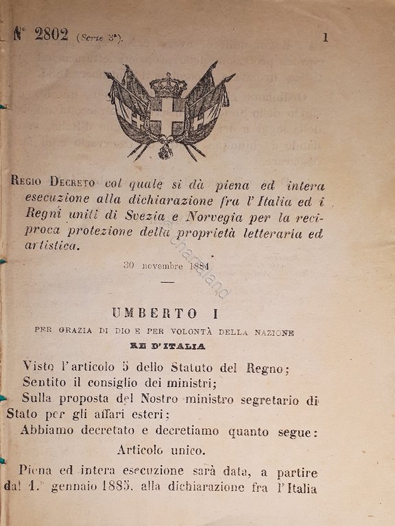 Decreto Regno Italia Dichiarazione fra Italia Regni uniti Svezia e Norvegia 1884