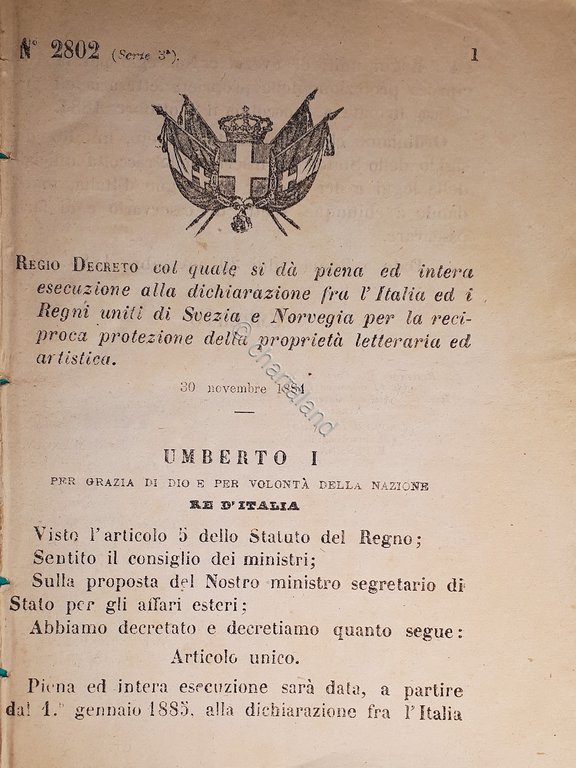 Decreto Regno Italia Dichiarazione fra Italia Regni uniti Svezia e …