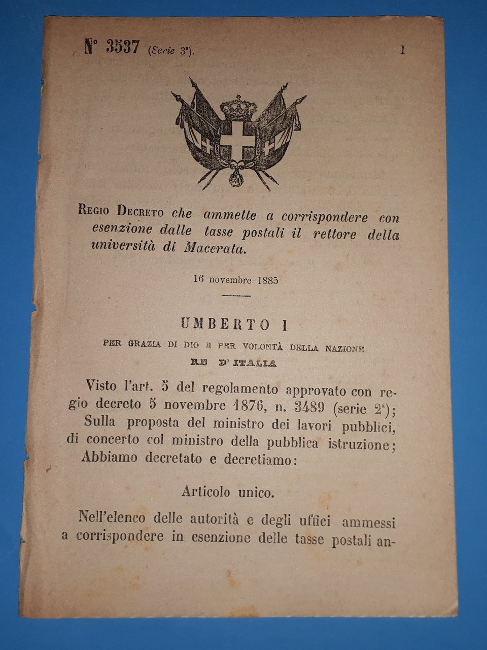 Decreto Regno Italia Esenzione tasse postali il rettore università Macerata …