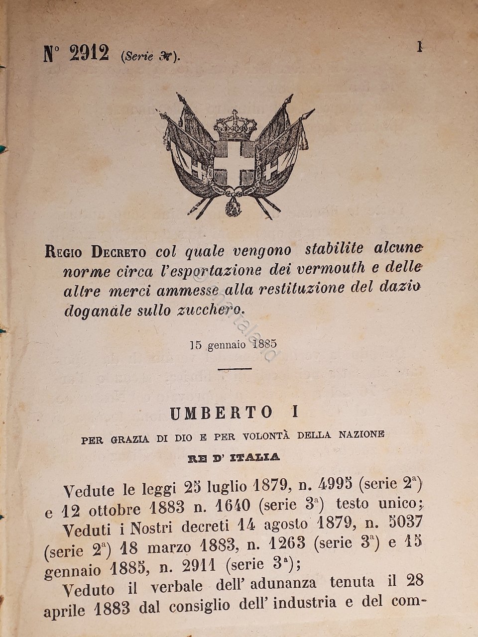 Decreto Regno Italia Esportazione dei vermouth restituzione dazio doganale 1885 | Immagine principale