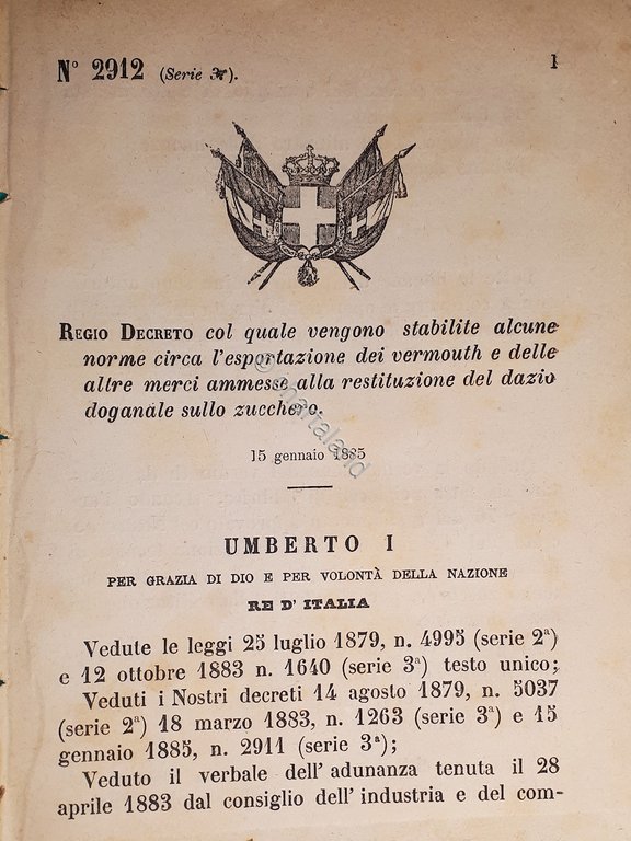 Decreto Regno Italia Esportazione dei vermouth restituzione dazio doganale 1885 | Immagine Gallery 2