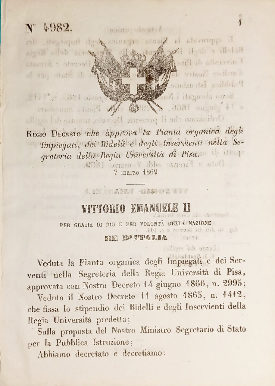 Decreto Regno Italia Impiegati Bidelli Inservienti Regia Università di Pisa …