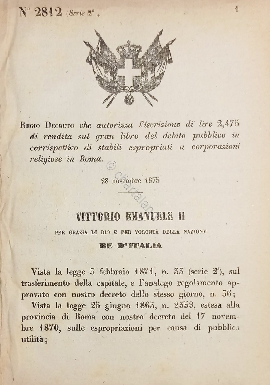 Decreto Regno Italia Iscrizione lire 2.475 rendita debito pubblico in …