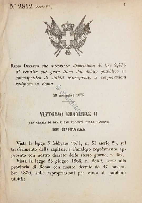 Decreto Regno Italia Iscrizione lire 2.475 rendita debito pubblico in …