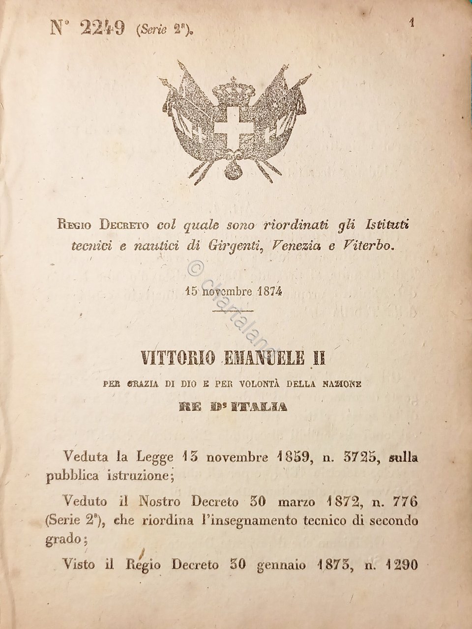 Decreto Regno Italia Istituti tecnici e nautici Girgenti Venezia e …