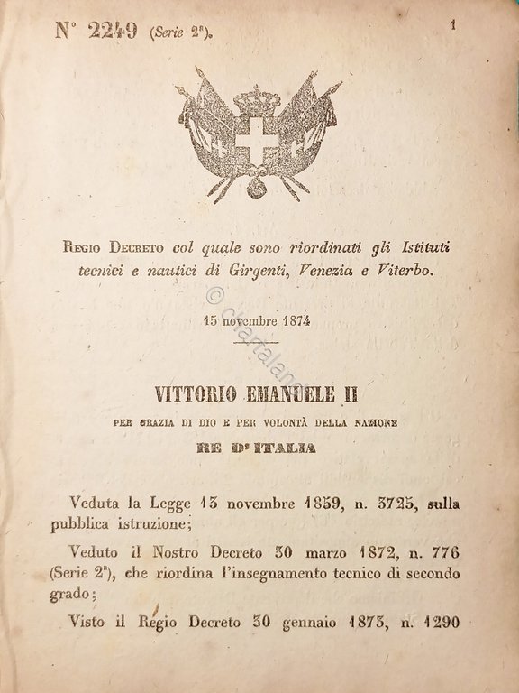 Decreto Regno Italia Istituti tecnici e nautici Girgenti Venezia e Viterbo 1874