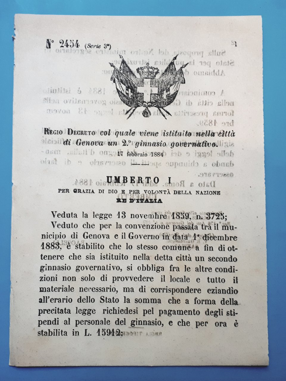 Decreto Regno Italia Istituzione nella città Genova 2^ ginnasio governativo …