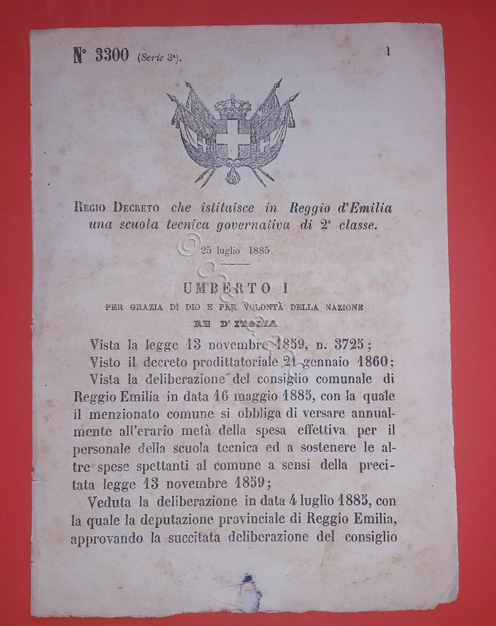 Decreto Regno Italia Istituzione scuola tecnica governativa Reggio Emilia 1885
