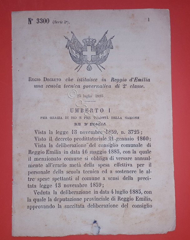 Decreto Regno Italia Istituzione scuola tecnica governativa Reggio Emilia 1885 