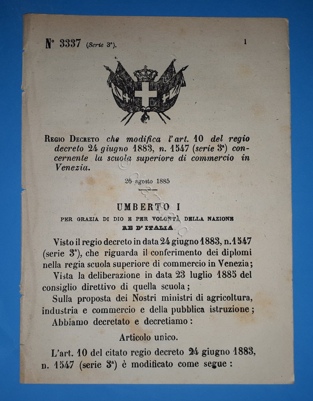 Decreto Regno Italia Modifica decreto concernente scuola commercio Venezia 1885