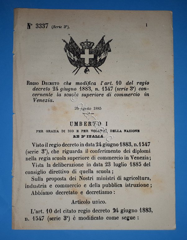 Decreto Regno Italia Modifica decreto concernente scuola commercio Venezia 1885