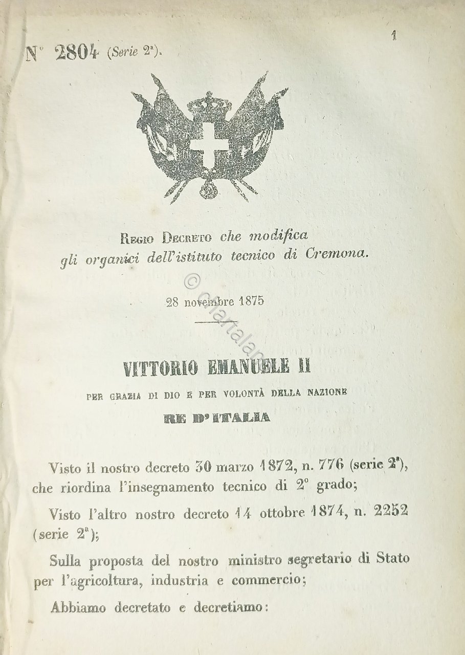 Decreto Regno Italia Modifica gli organici dell'istituto nautico di Cremona …