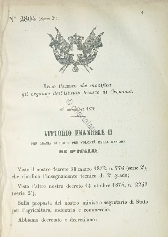 Decreto Regno Italia Modifica gli organici dell'istituto nautico di Cremona …