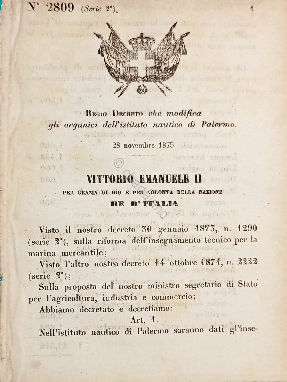 Decreto Regno Italia Modifica gli organici dell'istituto nautico di Palermo …