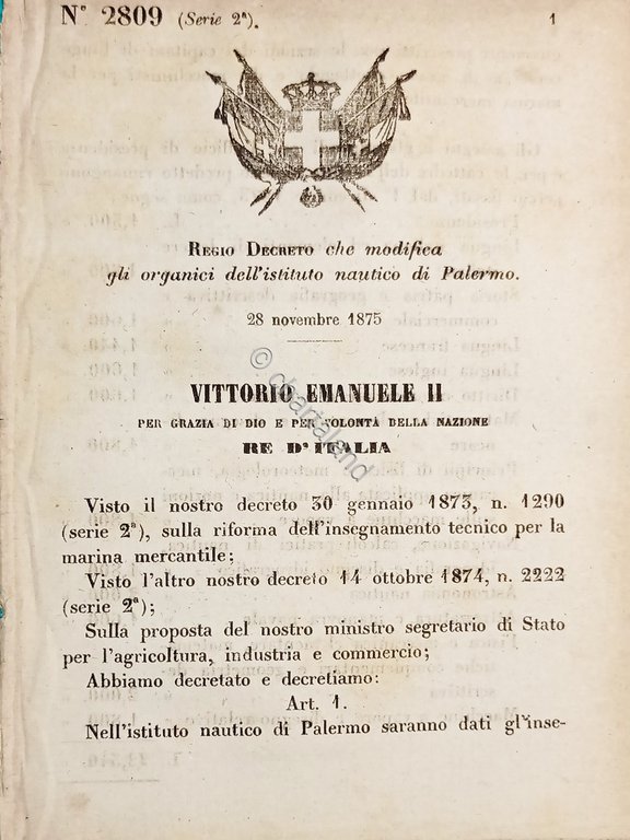 Decreto Regno Italia Modifica gli organici dell'istituto nautico di Palermo …
