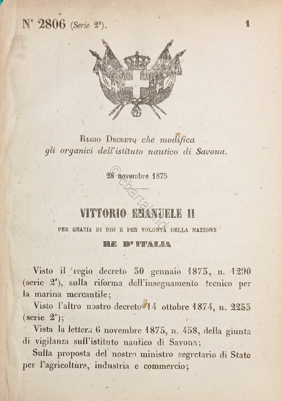 Decreto Regno Italia Modifica gli organici dell'istituto nautico di Savona …