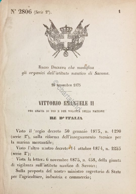 Decreto Regno Italia Modifica gli organici dell'istituto nautico di Savona …