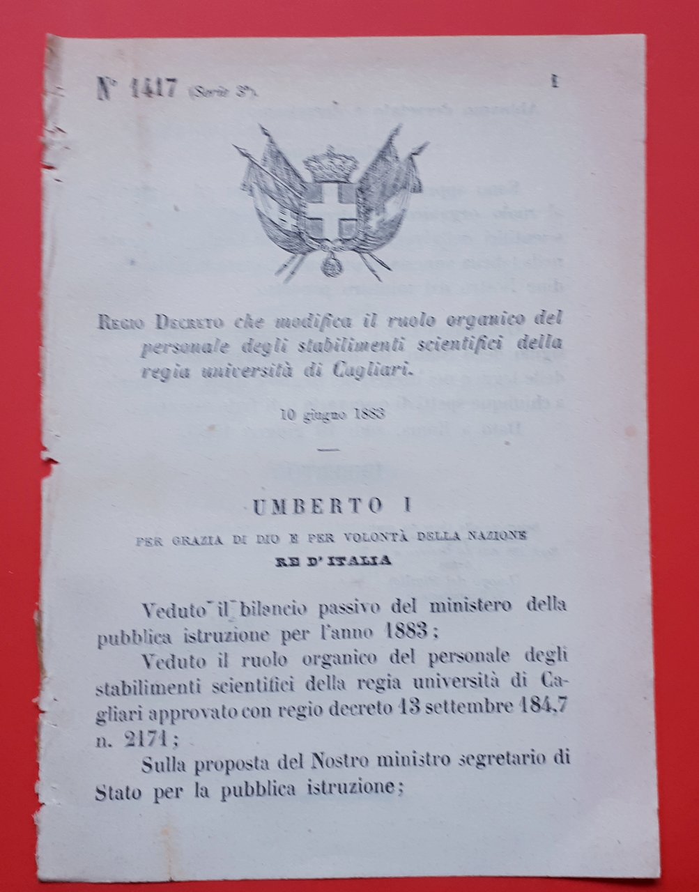 Decreto Regno Italia Modifica ruolo organico regia università Cagliari 1883