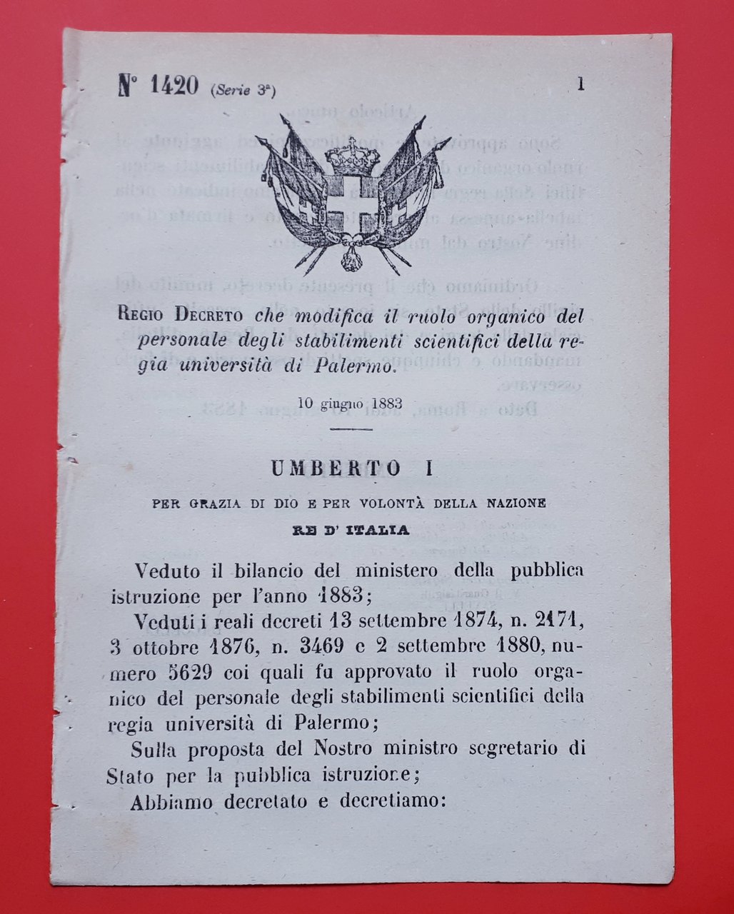 Decreto Regno Italia Modifica ruolo organico regia università di Palermo …