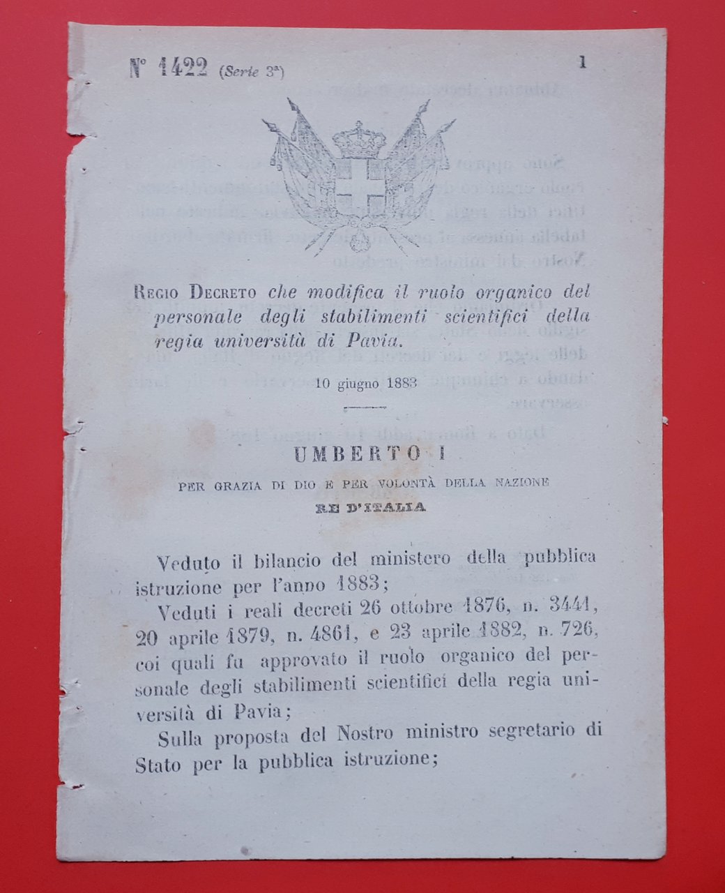 Decreto Regno Italia Modifica ruolo organico regia università di Pavia …