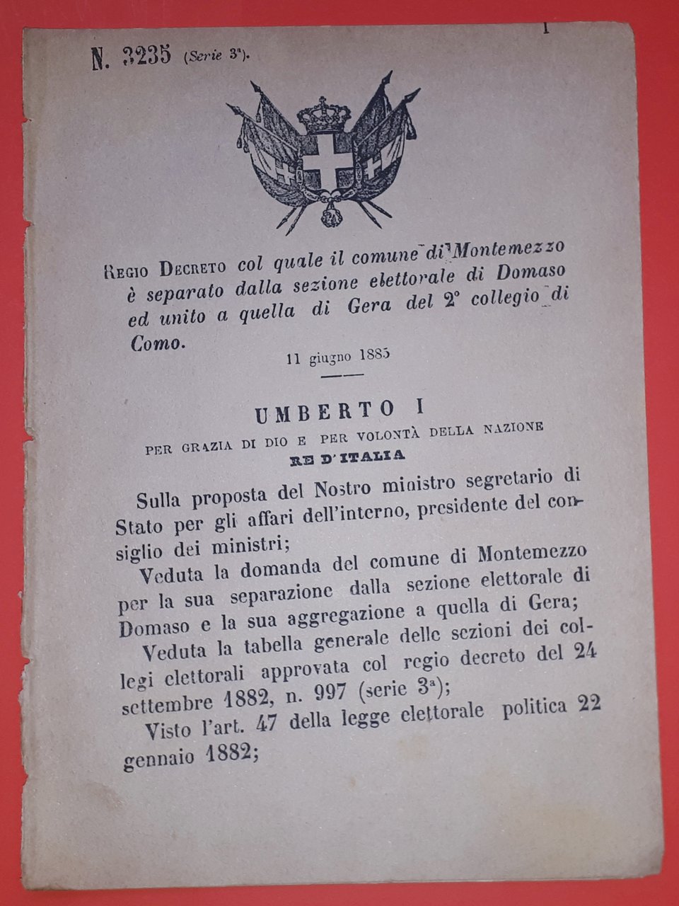 Decreto Regno Italia Montemezzo è separato da Domaso ed unito …