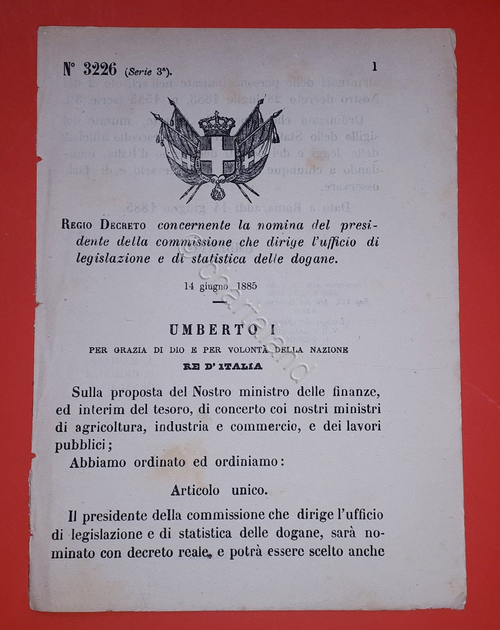 Decreto Regno Italia Nomina presidente commissione statistica delle dogane 1885 | Immagine principale