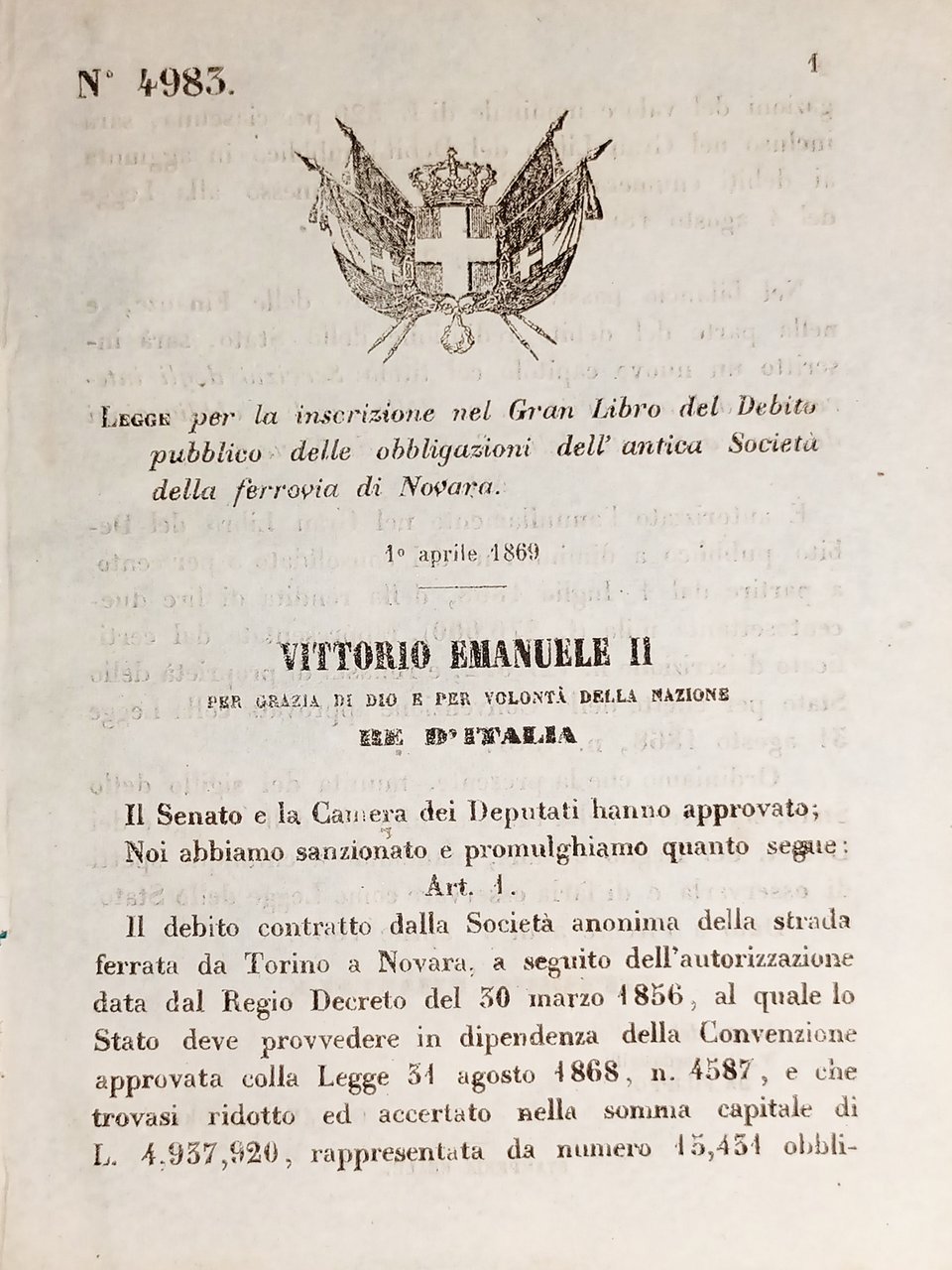 Decreto Regno Italia Obbligazioni dell'antica Società della ferrovia Novara 1869