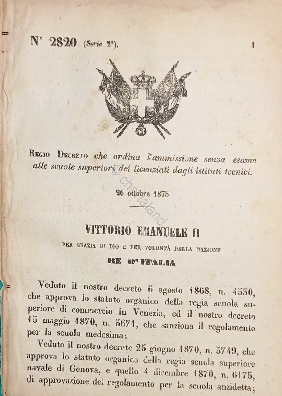 Decreto Regno Italia Ordina l'ammissione senza esame alle scuole superiori …