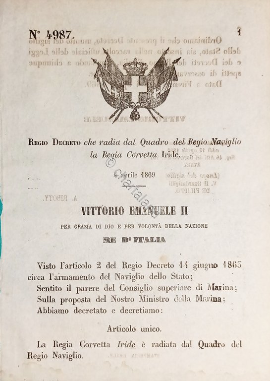 Decreto Regno Italia Radia dal Quadro Regio Naviglio la Reg. …