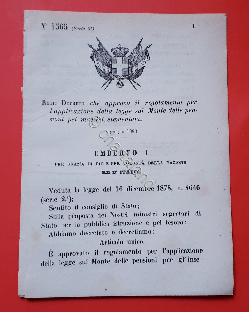 Decreto Regno Italia Regolamento applicazione legge Monte pensioni maestri 1883