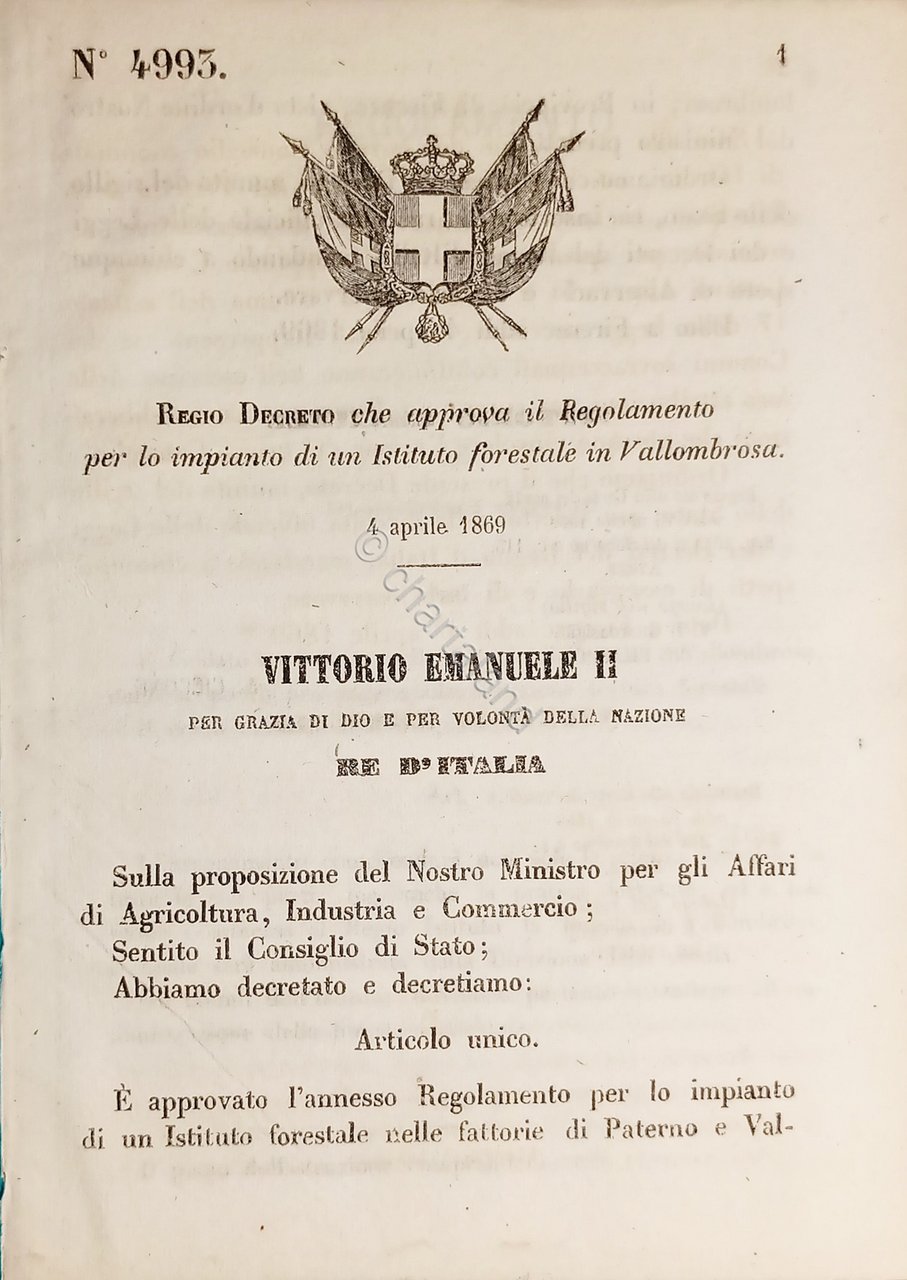 Decreto Regno Italia Regolamento impianto Istituto forestale in Vallombrosa 1869
