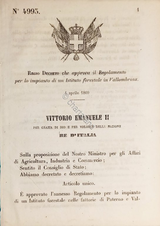 Decreto Regno Italia Regolamento impianto Istituto forestale in Vallombrosa 1869