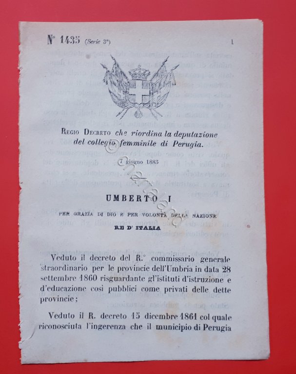 Decreto Regno Italia Riordina la deputazione collegio femminile di Perugia 1883