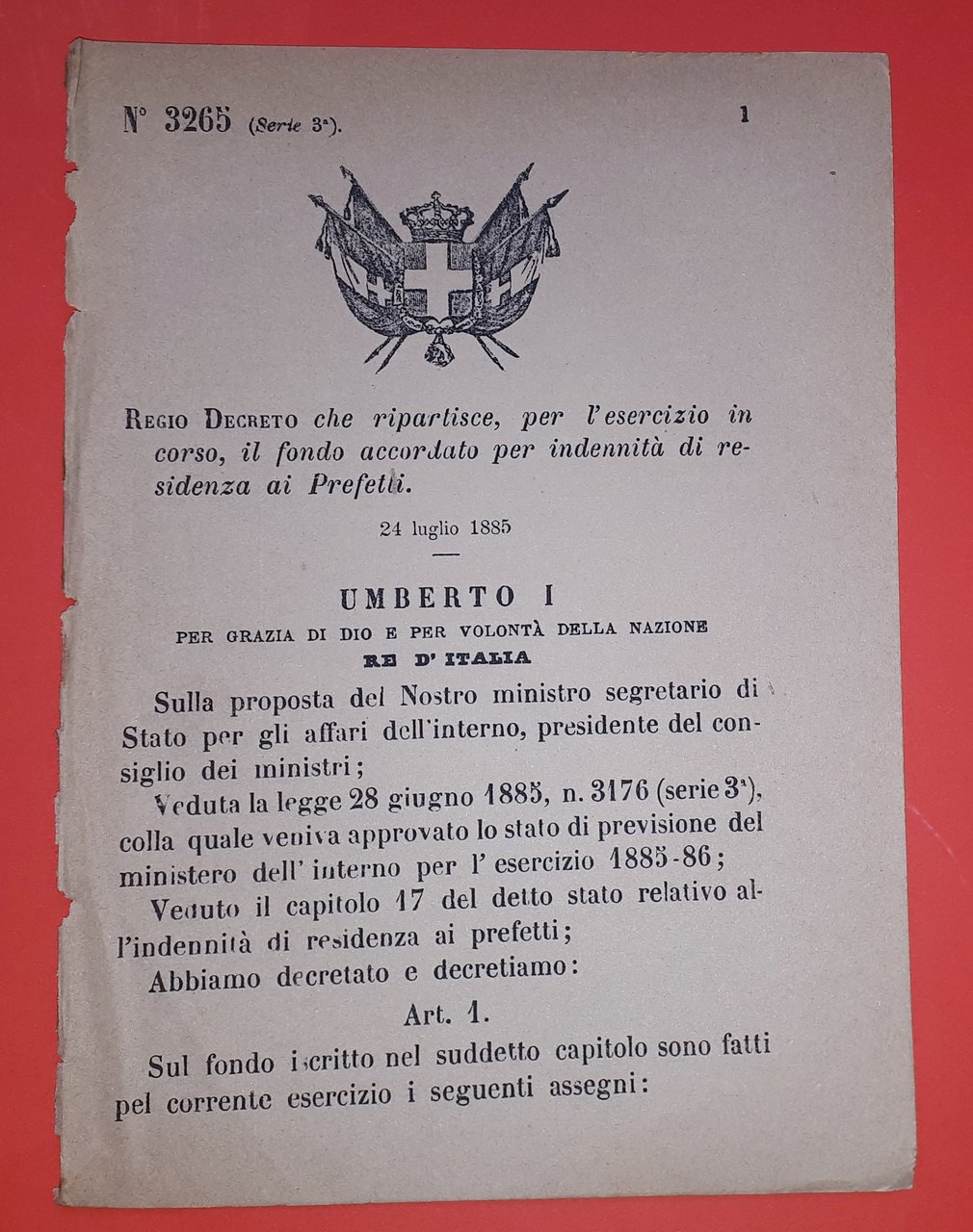 Decreto Regno Italia Ripartizione fondo indennità di residenza ai Prefetti …